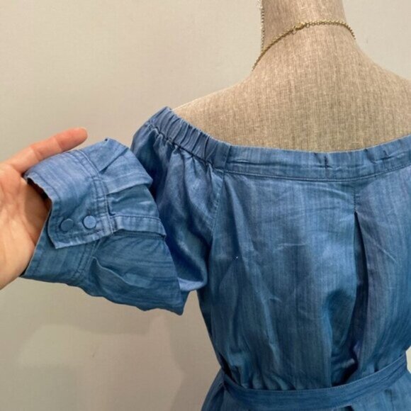 DO+BE Chambray Off Shoulder Belted Dress  Blue Denim Look Boho Cottagecore - Picture 11 of 13